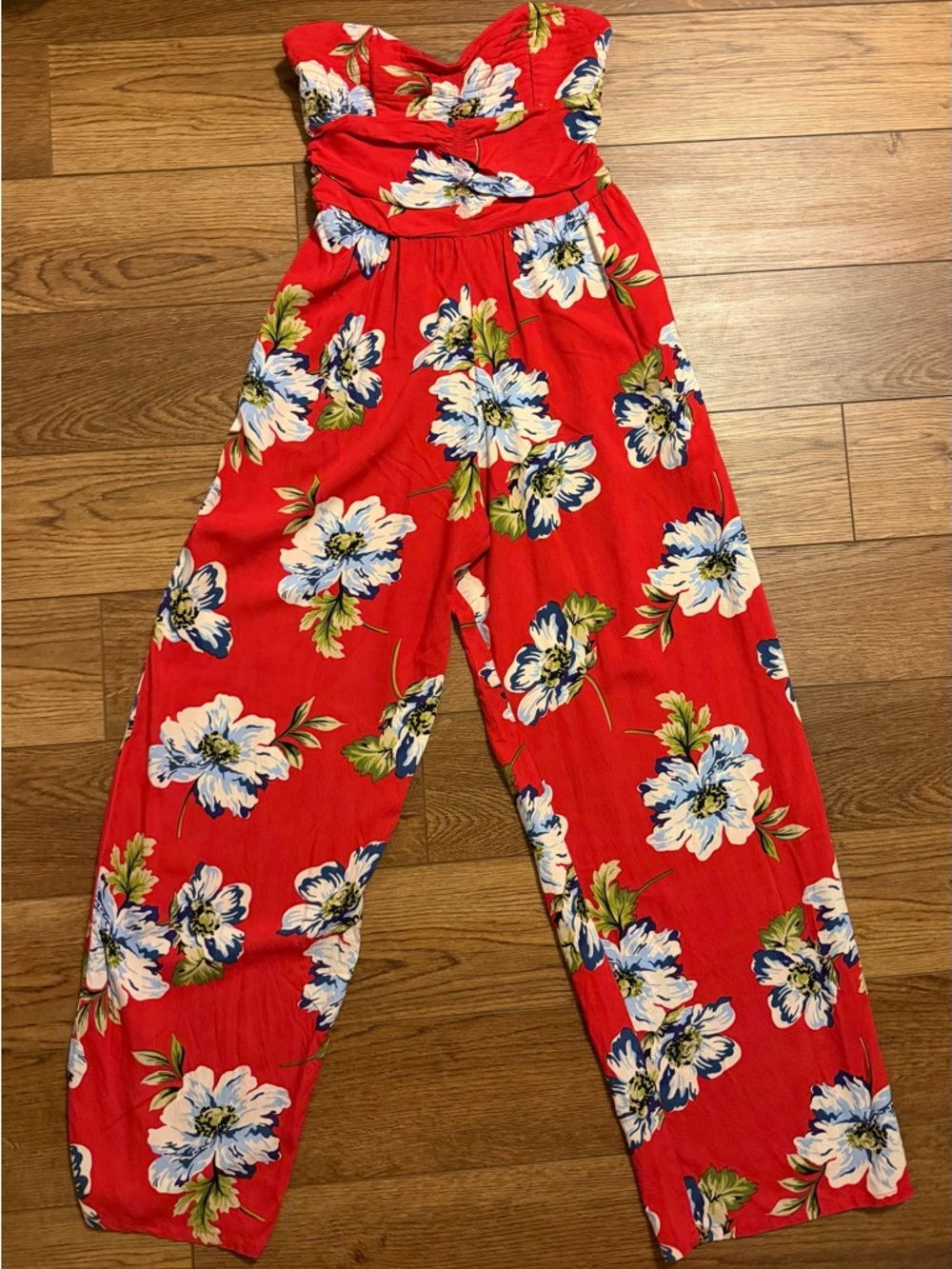 Strapless Red Floral Wide-Leg Jumpsuit Juniors Medium